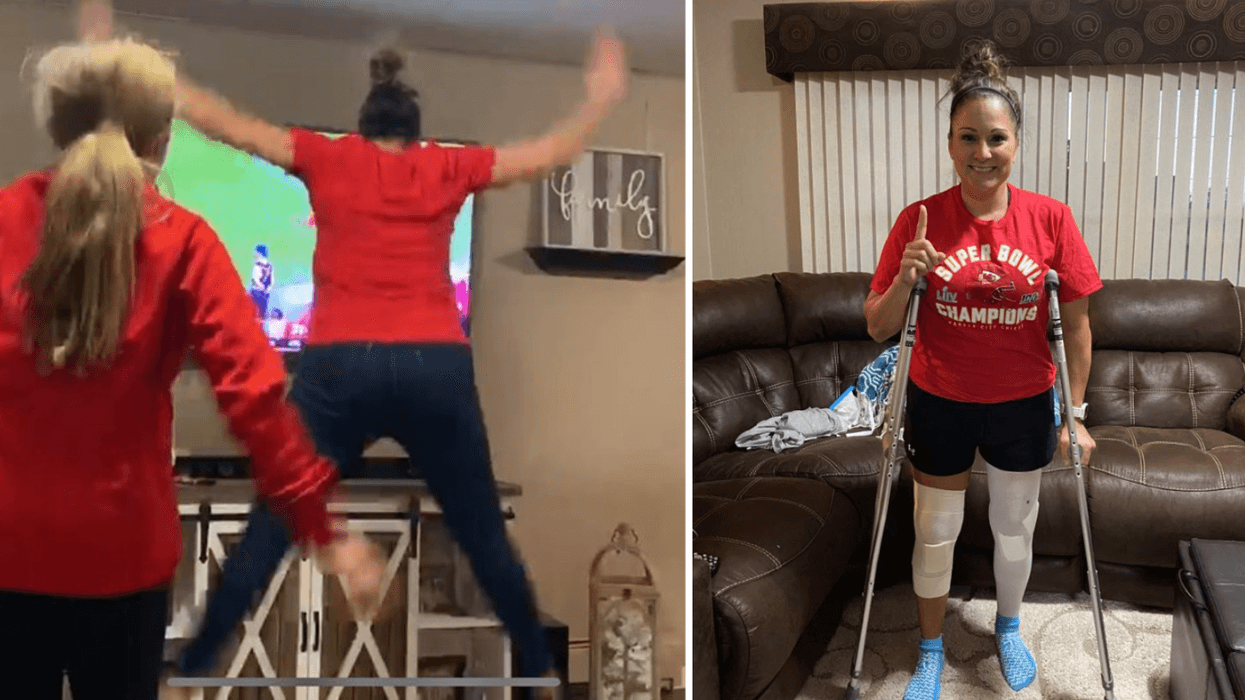 Chiefs fan Crystal Tipton seen on left jumping for joy at Super Bowl win, and on right on crutches