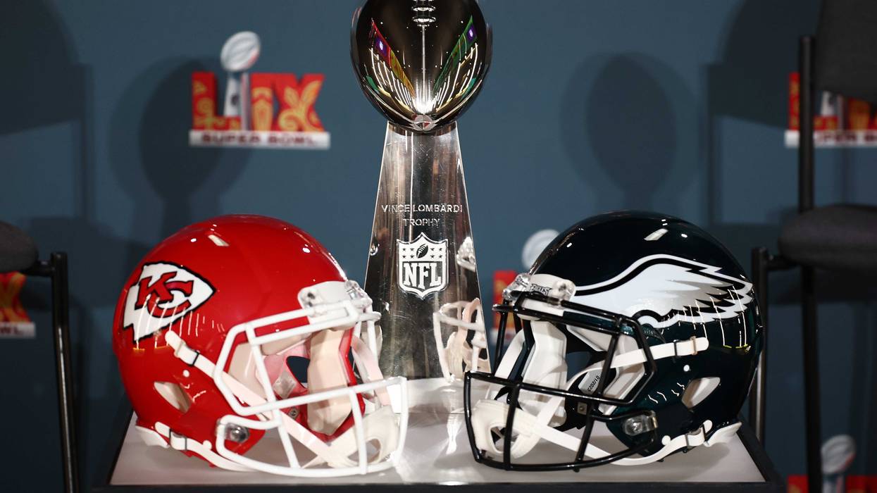 Chiefs helmet, Lombardi Trophy, Eagles helmet