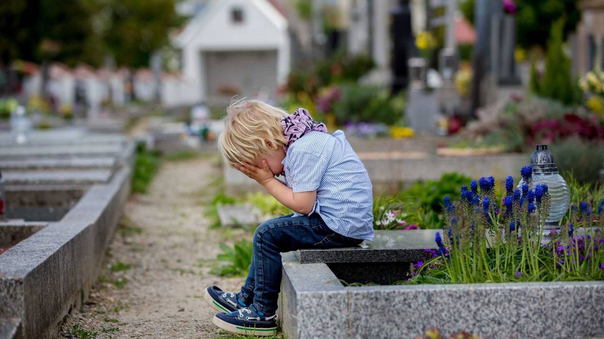 Child in cemetery stock photo.
