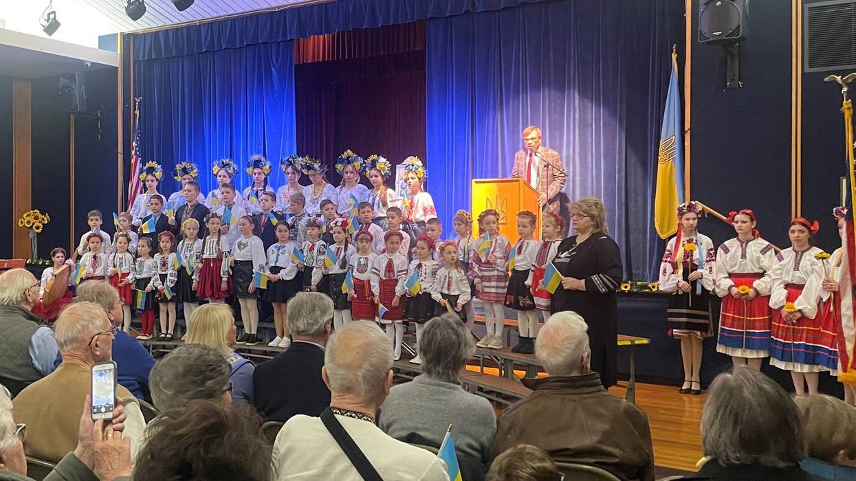 Children performing at an event at the Ukrainian Educational and Cultural Center in Jenkintown marking one year since Russia's invasion of Ukraine began.