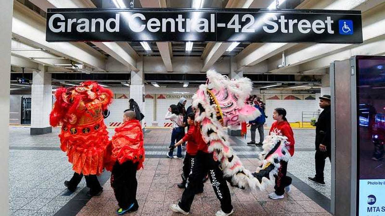 Chinatown Community Young Lions perform in association with the MTA in honor of Lunar New Year on Sunday, Jan 28, 2024.