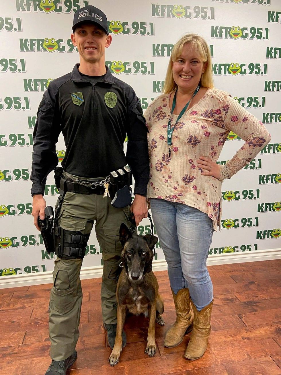 Chino Police Canine Officer Brendan Rowland, his police dog Kobra, and K-Frog