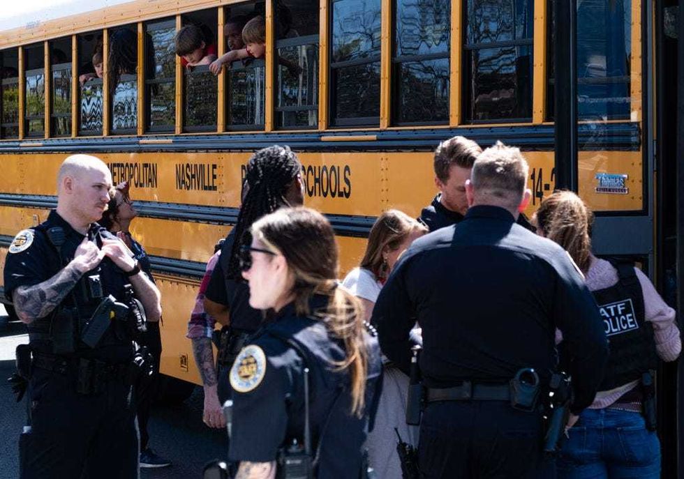 chool buses with children arrive at Woodmont Baptist Church to be reunited with their families after a mass shooting at The Covenant School on March 27, 2023 in Nashville, Tennessee.