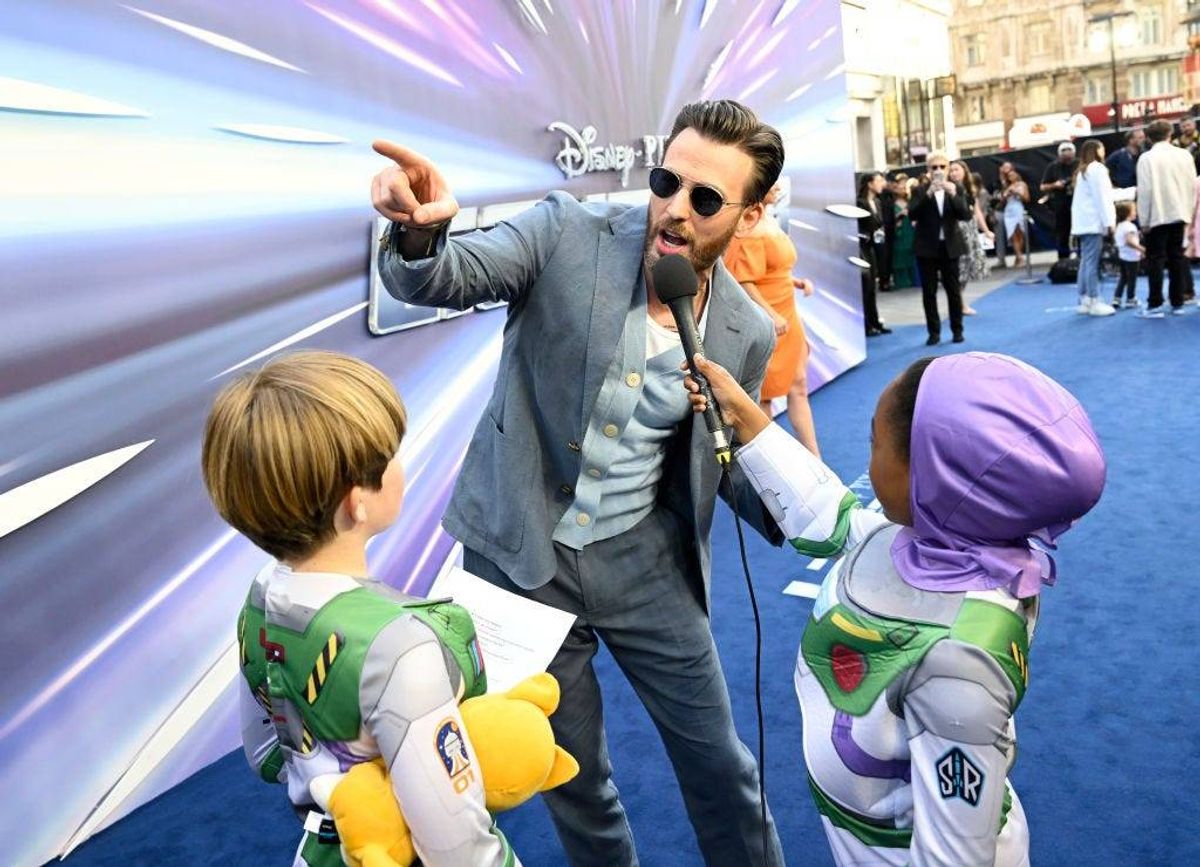 Chris Evans is interviewed by young fans at the UK Premiere of Disney Pixars' "Lightyear" on June 13, 2022 in London, England.