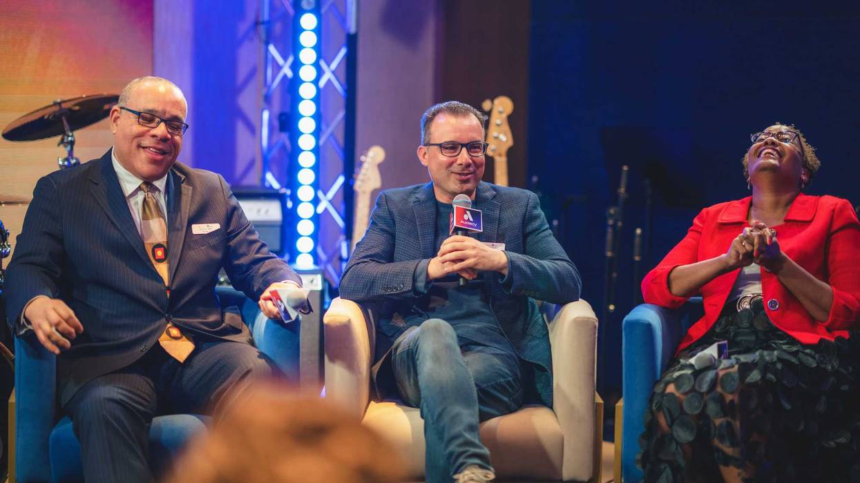 Chris Oliviero, President of the New York Market at Audacy, is flanked by 94.7 The Block Brand Manager Skip Dillard (left) and New York Urban League President/CEO Arva Rice (right) at the NYUL Leadership Summit on April 20, 2023 at the Hard Rock Hotel in New York City.