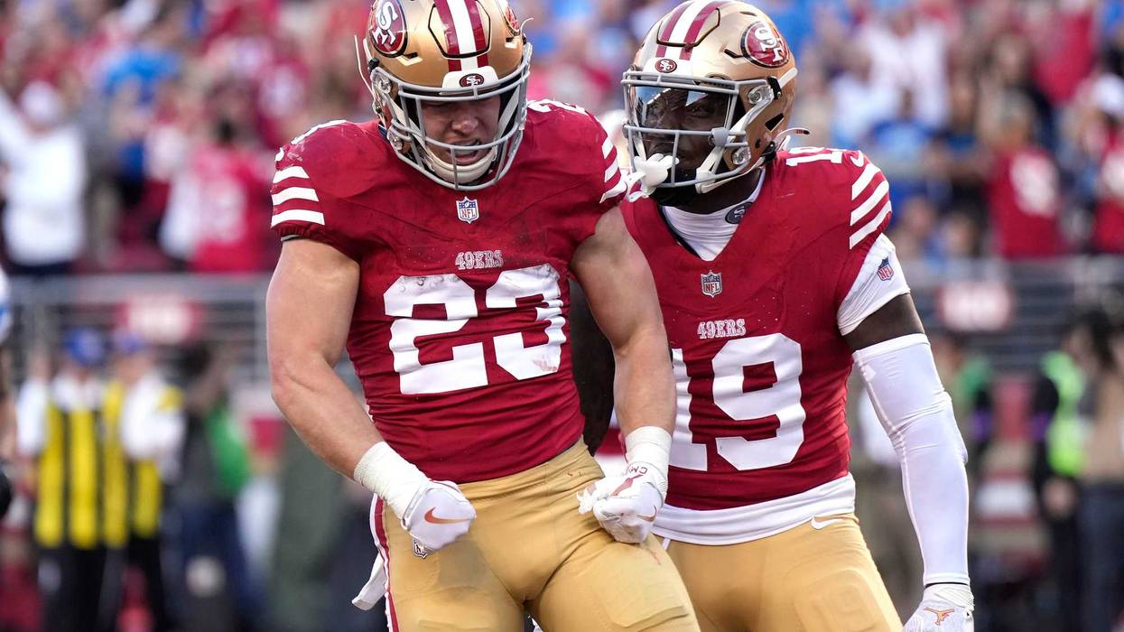 Christian McCaffrey #23 of the San Francisco 49ers celebrates with teammates after scoring a touchdown during the second quarter against the Detroit Lions in the NFC Championship Game at Levi's Stadium on January 28, 2024 in Santa Clara, California.