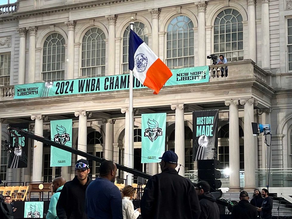 City Hall is seen decked out in New York Liberty signage Thursday morning