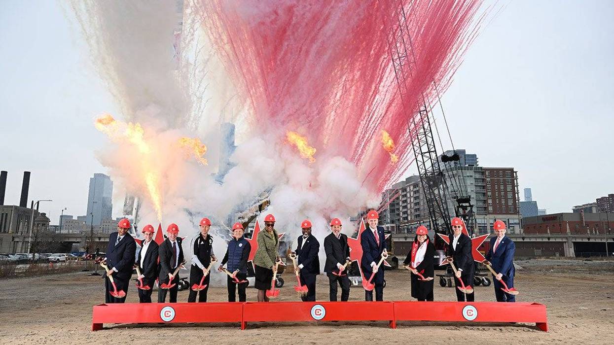 City leaders and executives from the Chicago Fire Football Club celebrate the ground-breaking of the team's new stadium in the South Loop.