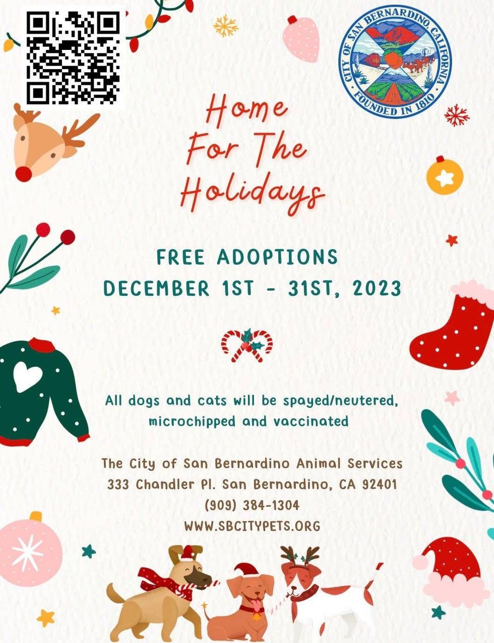 City of San Bernardino Animal Services "Home for the Holidays" pet adoption flyer