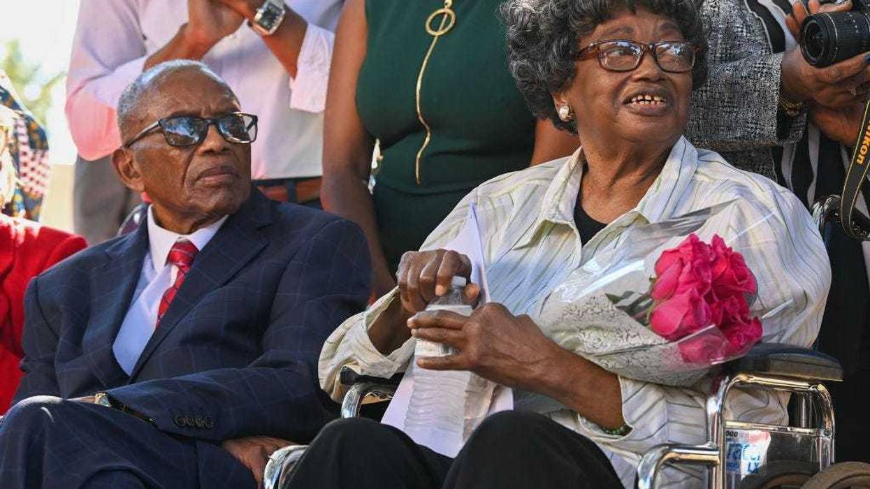Civil rights attorney Fred Gray, left, and Claudette Colvin, 82, listen during a press conference after Colvin petitioned for her juvenile record to be expunged at the Montgomery County Family Court on October 26, 2021, in Montgomery, Alabama. Colvin was arrested on March 2, 1955 at the age of 15 and placed on indefinite probation in Montgomery for violating bus segregation ordinances by refusing to give up her seat on a bus, nine months before Rosa Parks. (Photo by Julie Bennett/Getty Images)