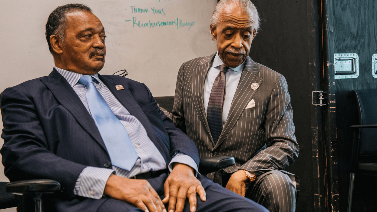 Civil Rights leaders Jesse Jackson and Rev. Al Sharpton spend time together ahead of a rally during commemorations of the 100th anniversary of the Tulsa Race Massacre on June 01, 2021, in Tulsa, Oklahoma.