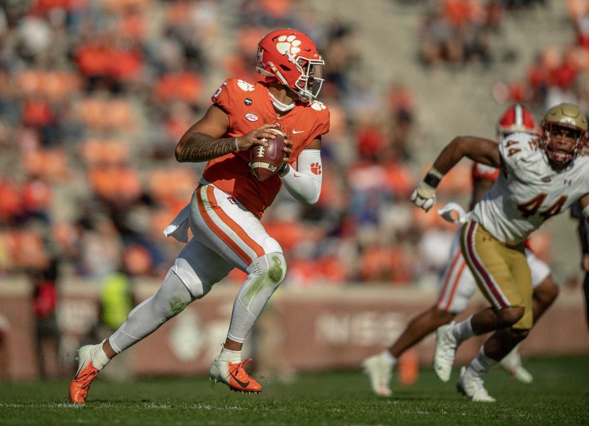 Clemson quarterback D.J. Uiagalelei runs during the fourth quarter of the game against Boston College at Memorial Stadium