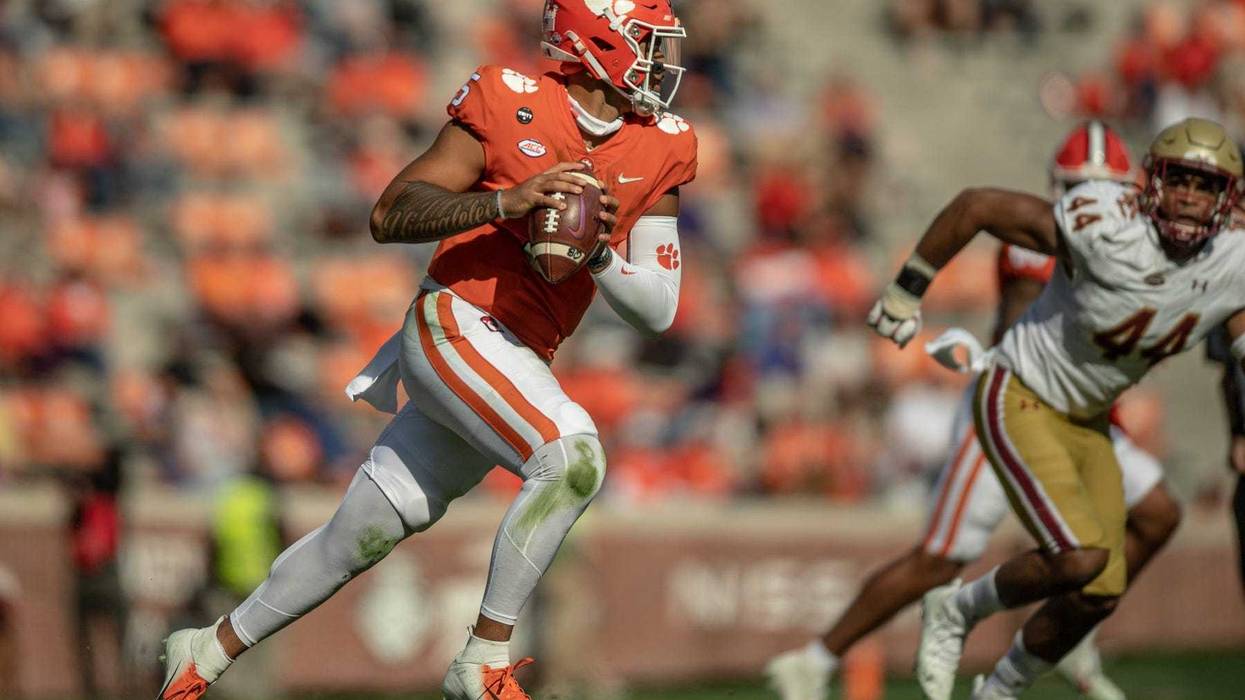 Clemson quarterback D.J. Uiagalelei runs during the fourth quarter of the game against Boston College at Memorial Stadium