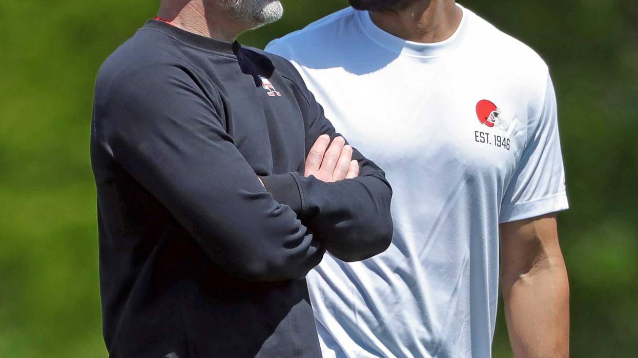 Cleveland Browns coach Kevin Stefanski and general manager Andrew Berry watch practice from the sideline during Day 2 of rookie minicamp May 10, 2025, in Berea.