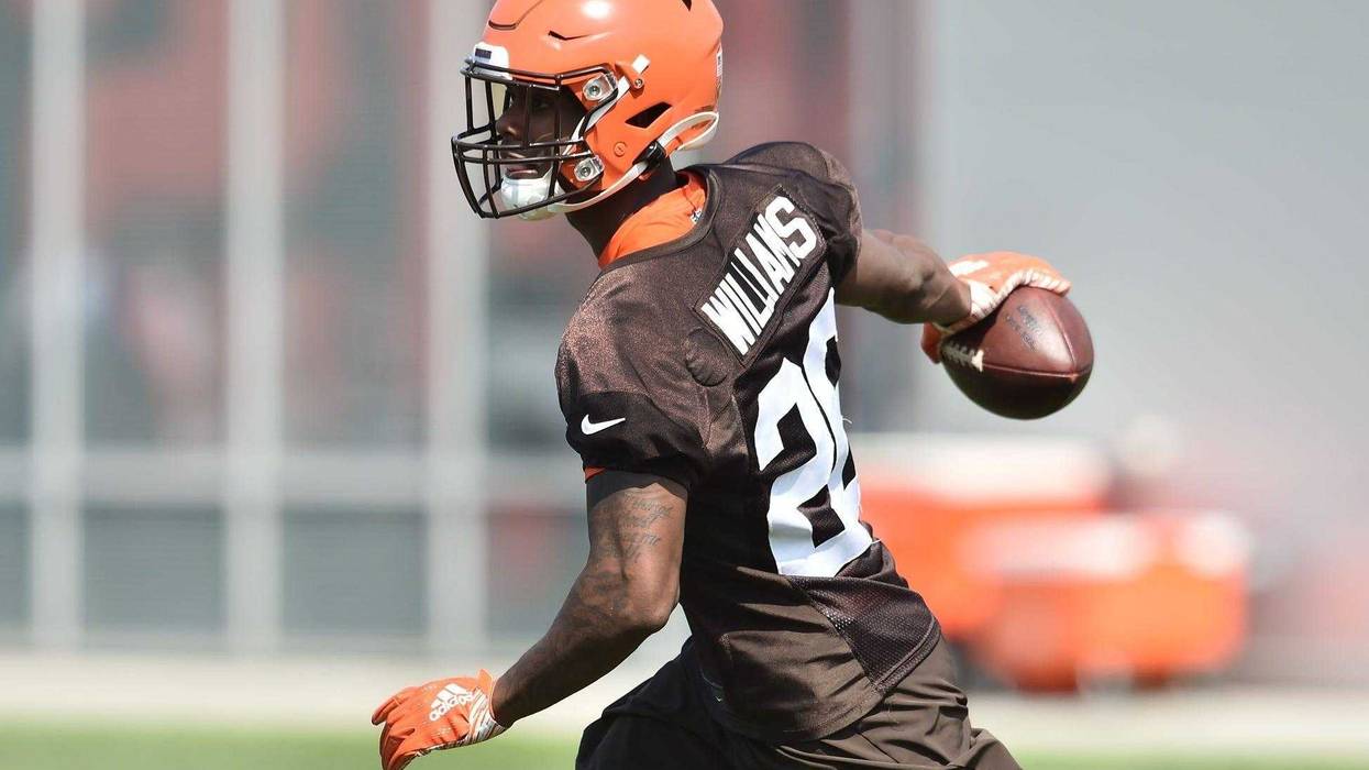 Cleveland Browns cornerback Greedy Williams (26) celebrates an interception during training camp at the Cleveland Browns Training Complex.