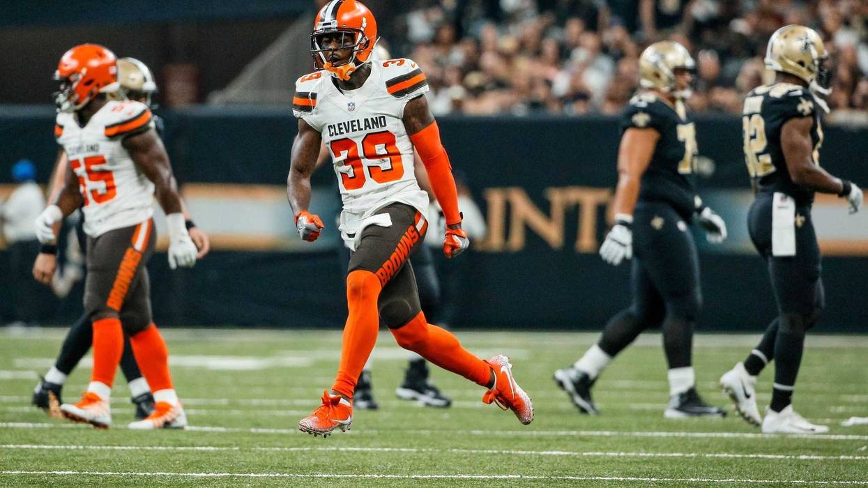 Cleveland Browns cornerback Terrance Mitchell (39) celebrates after a turnover by the New Orleans Saints during the second quarter at the Mercedes-Benz Superdome.