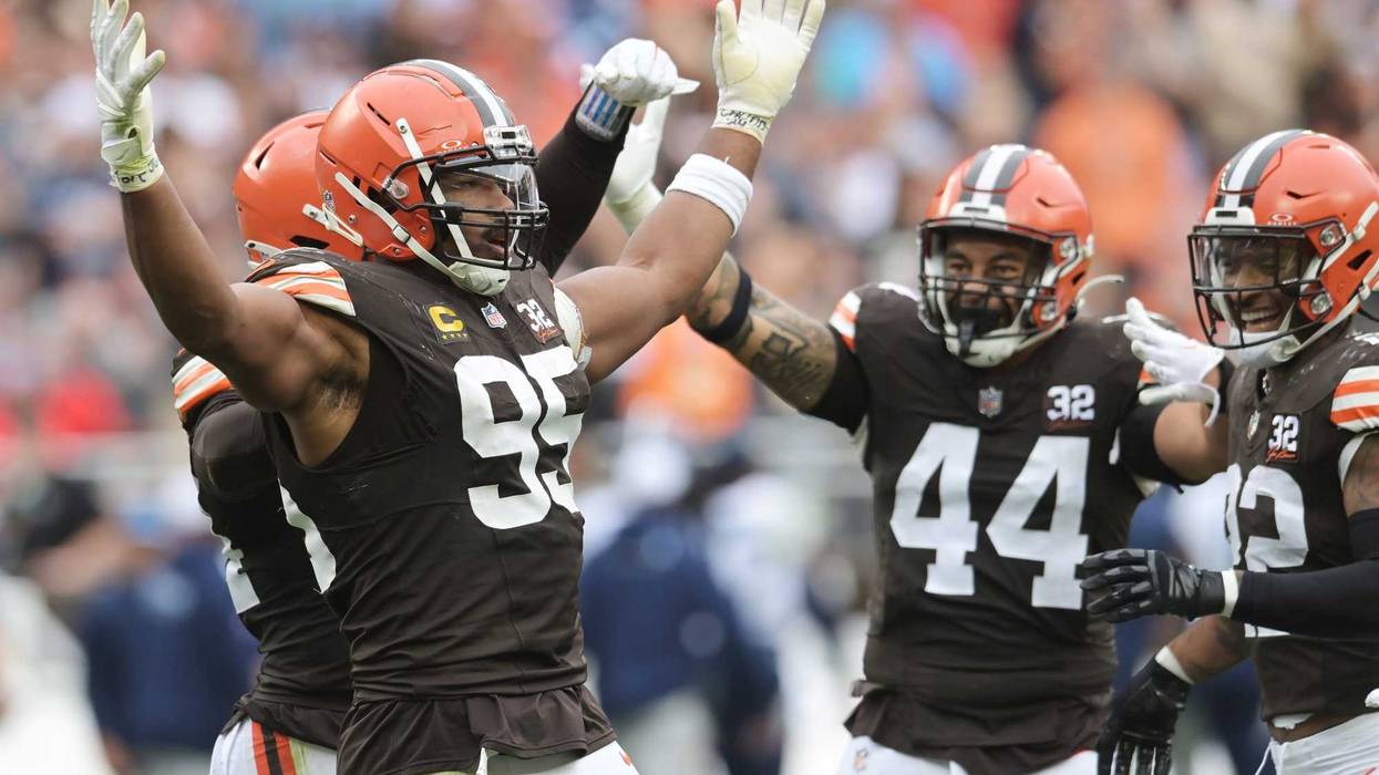 Cleveland Browns defensive end Myles Garrett (95) celebrates after sacking Tennessee Titans quarterback Ryan Tannehill (not pictured) during the second half at Cleveland Browns Stadium.