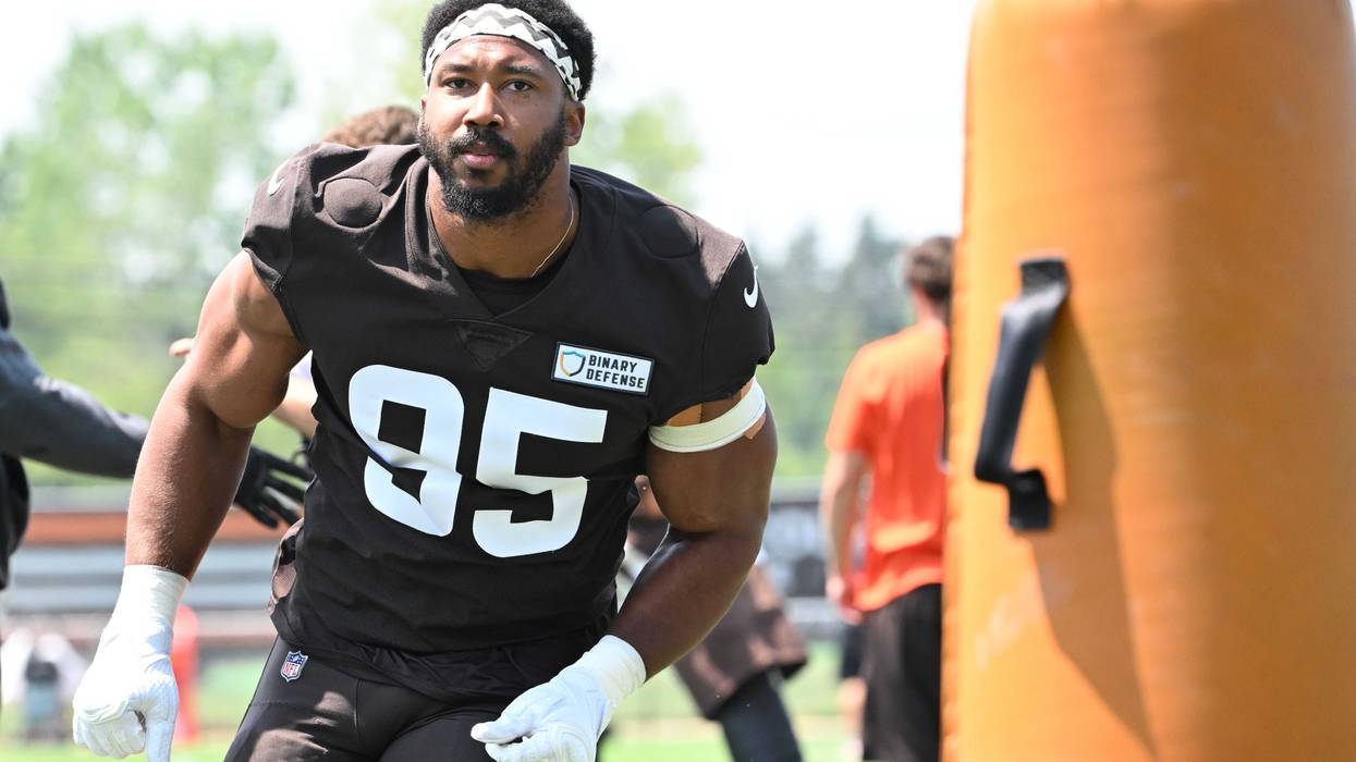 Cleveland Browns defensive end Myles Garrett (95) during practice at the Browns training facility in Berea, Ohio.