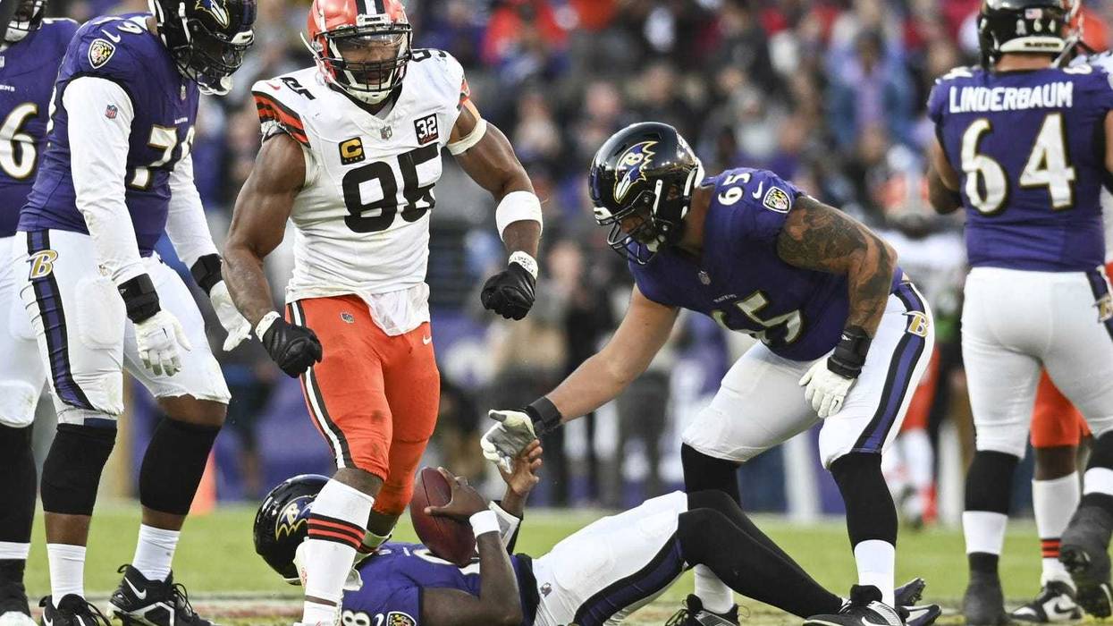 Cleveland Browns defensive end Myles Garrett (95) reacts after sacking Baltimore Ravens quarterback Lamar Jackson (8) during the second half at M&T Bank Stadium.