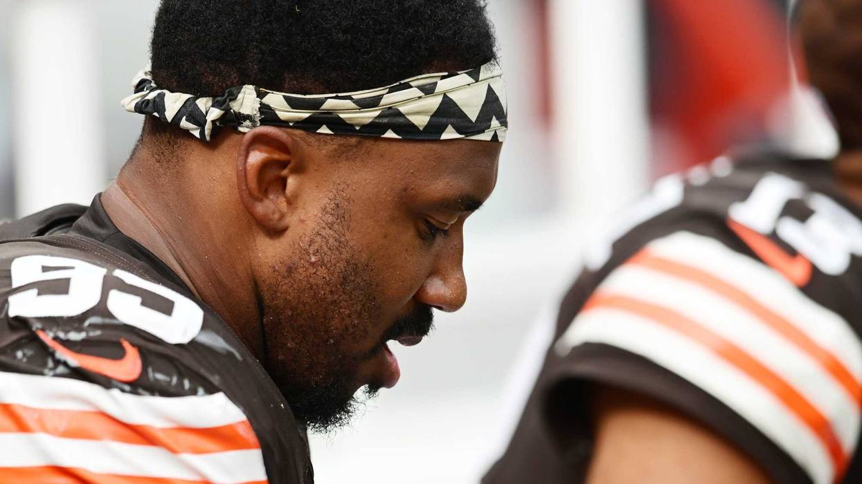 Cleveland Browns defensive end Myles Garrett (95) sits on the bench during the second half against the New York Giants at Huntington Bank Field.