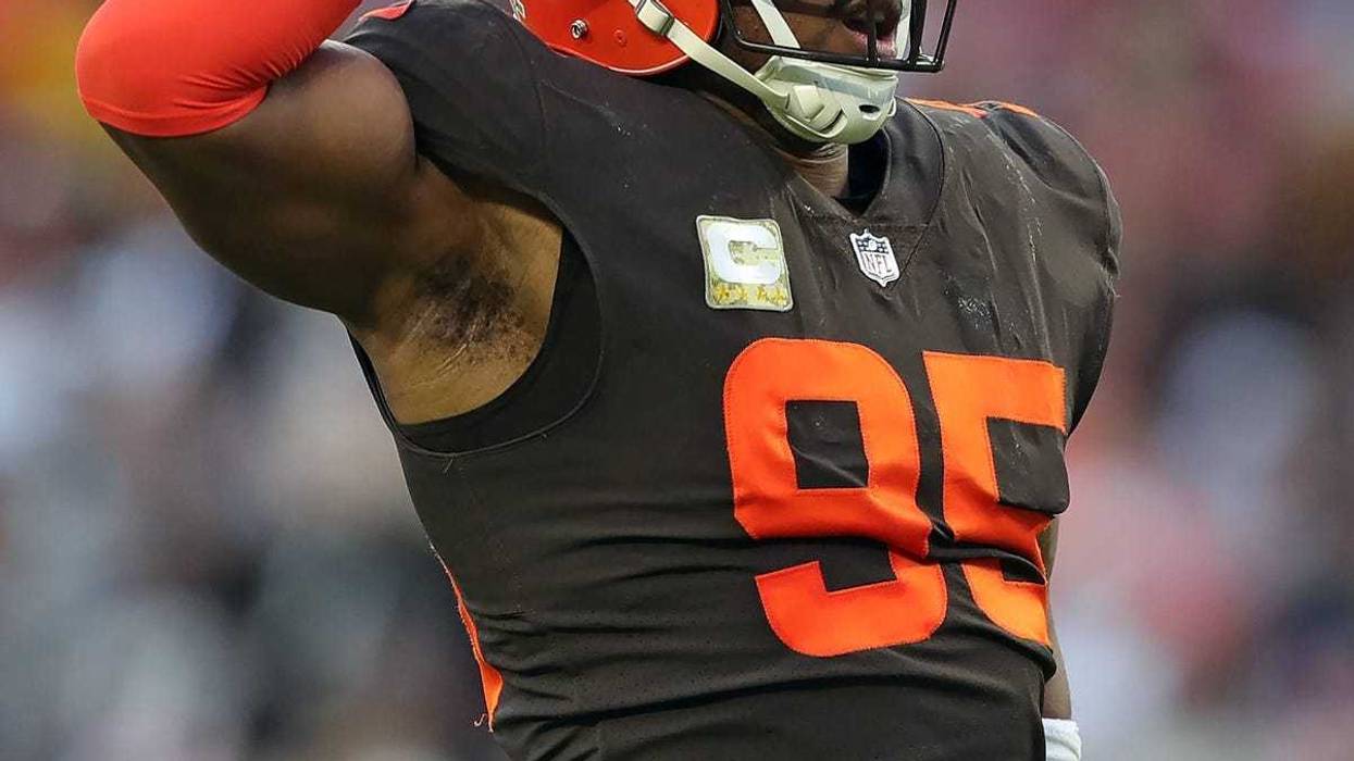Cleveland Browns defensive end Myles Garrett celebrates after sacking Tampa Bay Buccaneers quarterback Tom Brady during the second half at FirstEnergy Stadium, Sunday, Nov. 27, 2022, in Cleveland.