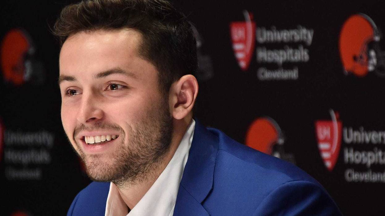 Cleveland Browns first round and overall number one pick in the NFL draft Baker Mayfield answers questions during a press conference at the Cleveland Browns training facility