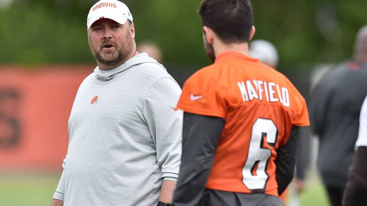 Cleveland Browns head coach Freddie Kitchens talks to quarterback Baker Mayfield (6) during minicamp at the Cleveland Browns training facility.