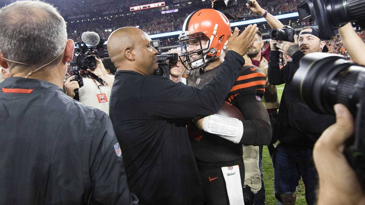 Cleveland Browns head coach Hue Jackson and quarterback Baker Mayfield (6) celebrate after the Browns beat the New York Jets at FirstEnergy Stadium.