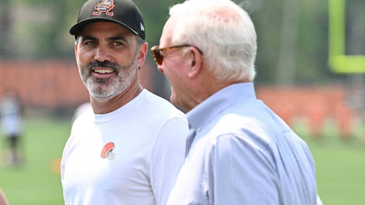 Cleveland Browns head coach Kevin Stefanski and managing and principal partner Jimmy Haslam during mini camp at CrossCountry Mortgage Campus.