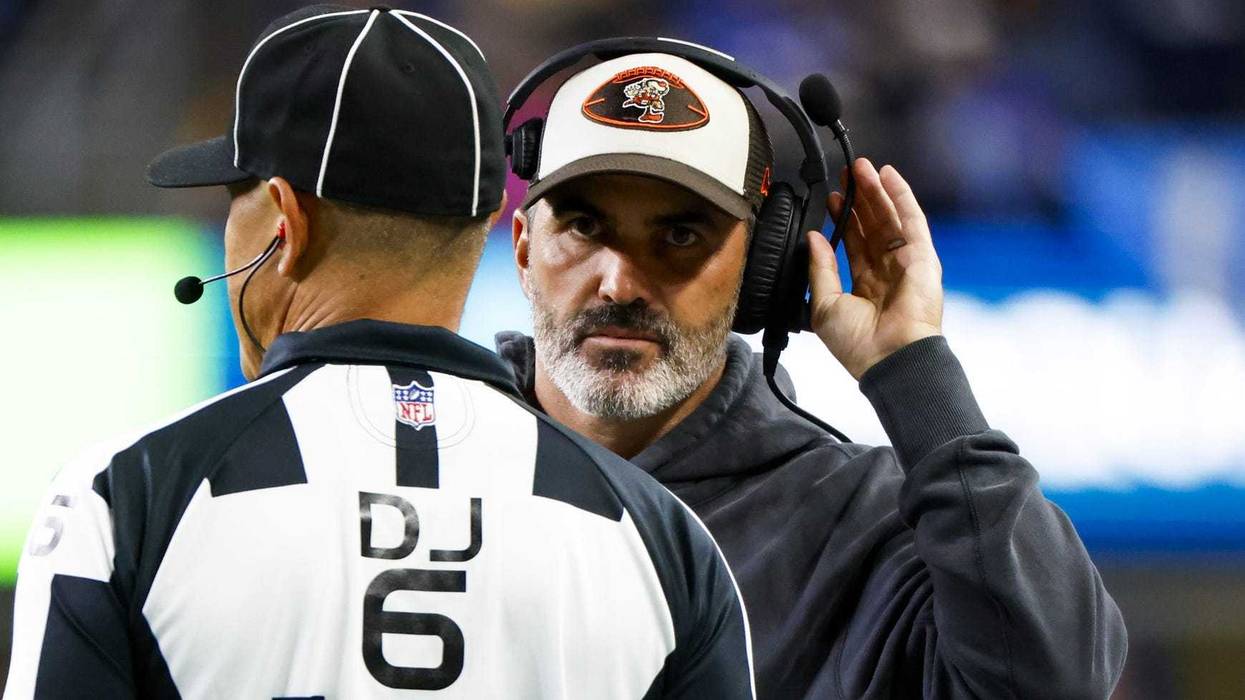 Cleveland Browns head coach Kevin Stefanski reacts to a penalty call in favor of the Seattle Seahawks during the second quarter at Lumen Field.