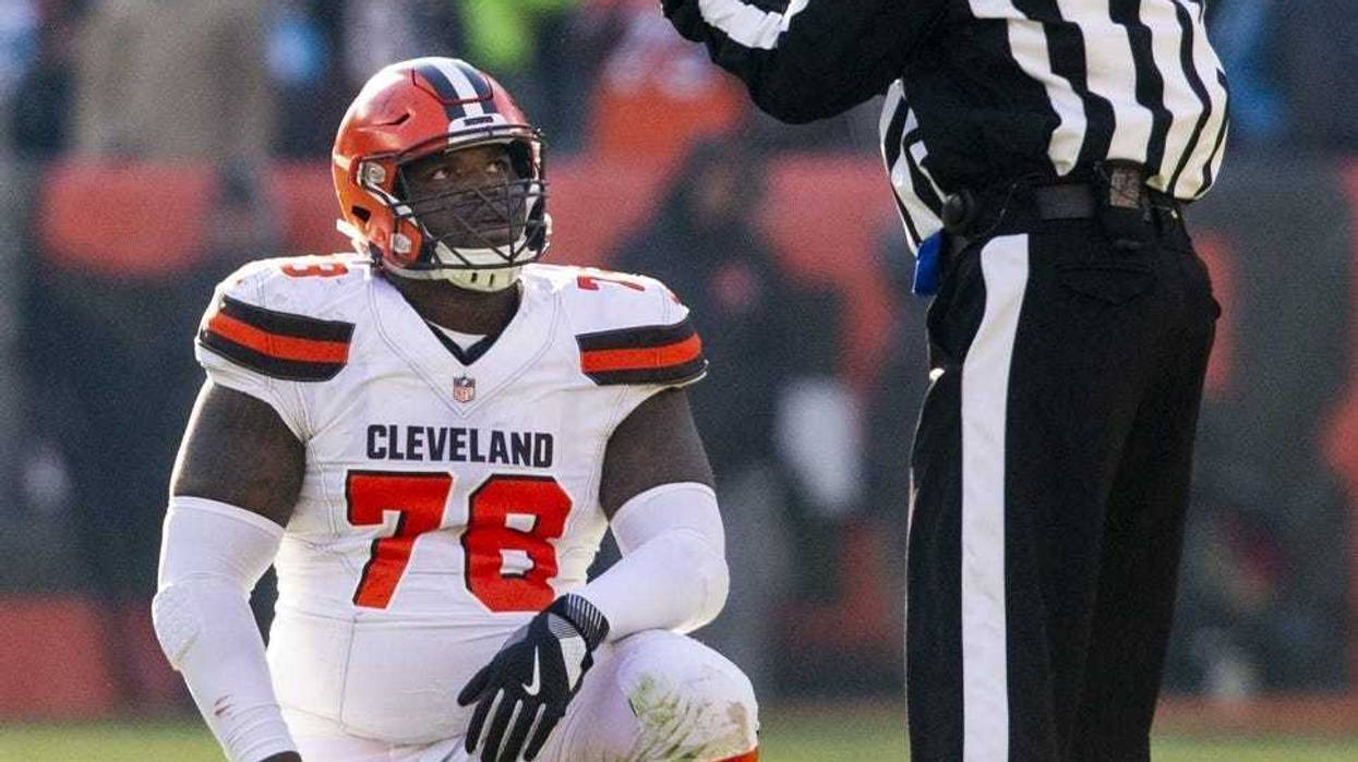 Cleveland Browns left tackle Greg Robinson blocks Atlanta Falcons' Derrick Shelby during the second quarter on Sunday, Nov. 11, 2018 at FirstEnergy Stadium in Cleveland, Ohio. The Browns won the game 28-16. (Photo by Phil Masturzo/Akron Beacon Journal/TNS
