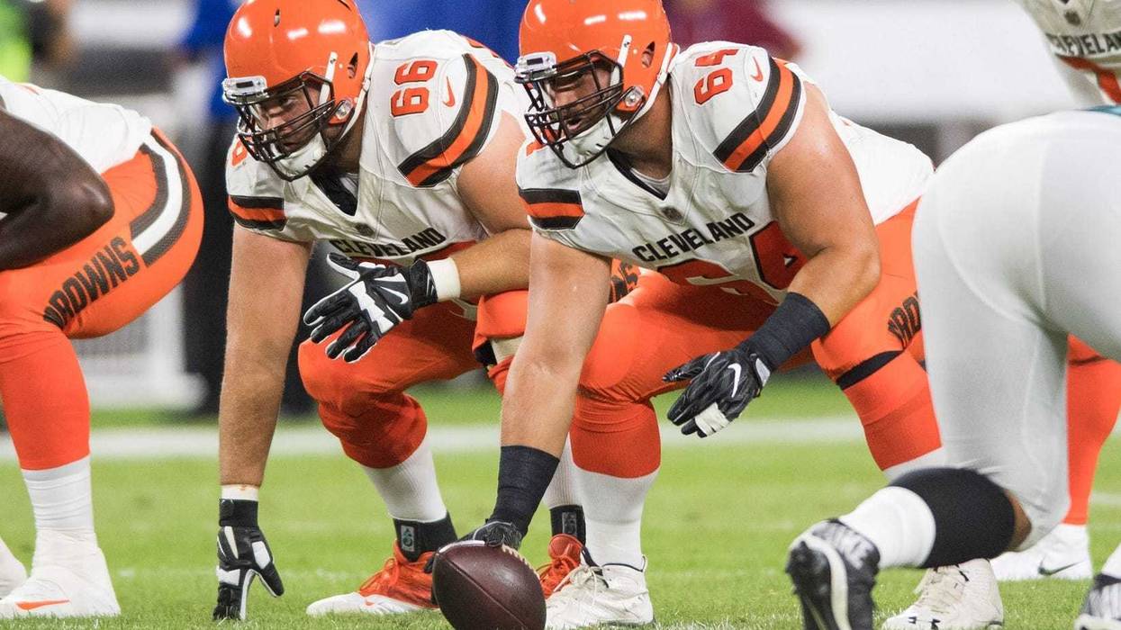 Cleveland Browns offensive guard Spencer Drango (66) and center JC Tretter (64) during the first quarter at FirstEnergy Stadium