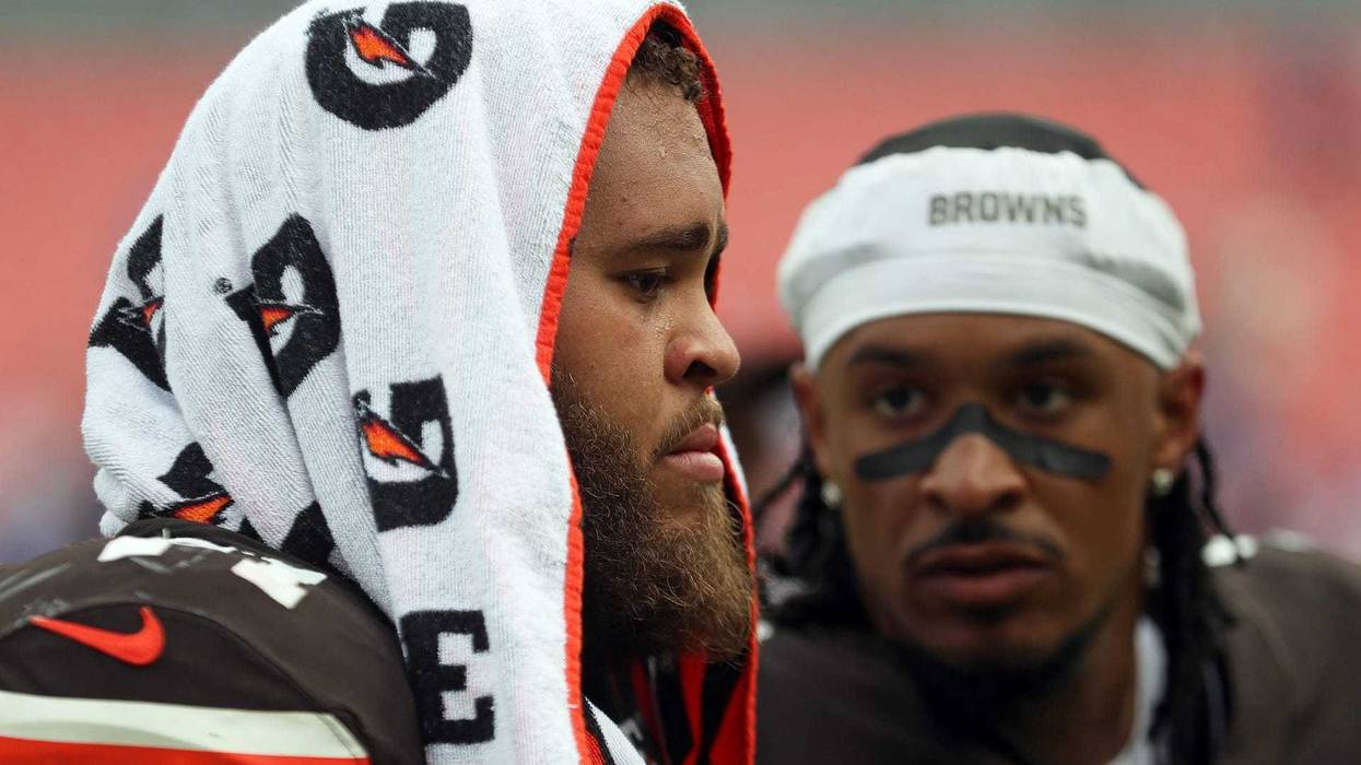 Cleveland Browns offensive tackle Jedrick Wills Jr. walks off the field after losing an NFL football game at Huntington Bank Field, Sunday, Sept. 22, 2024, in Cleveland, Ohio.