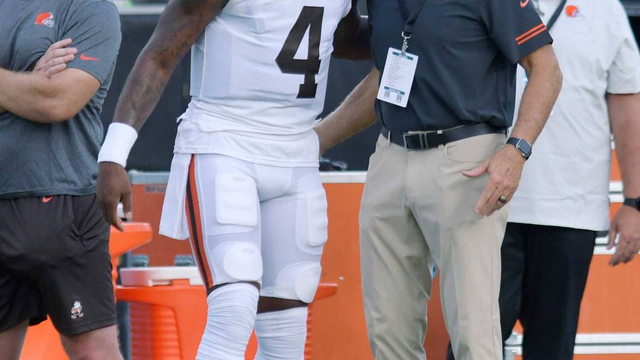 Cleveland Browns owner Jimmy Haslam talks with Cleveland Browns quarterback Deshaun Watson (4) on the sidelines before the start of the preseason game agains the Jacksonville Jaguars. The Jacksonville Jaguars hosted the Cleveland Browns at TIAA Bank Field in Jacksonville, Florida Friday, August 12, 2022 for the first home preseason game of the season. Jki 081222 Bs Jags Vs Browns Preseason 55