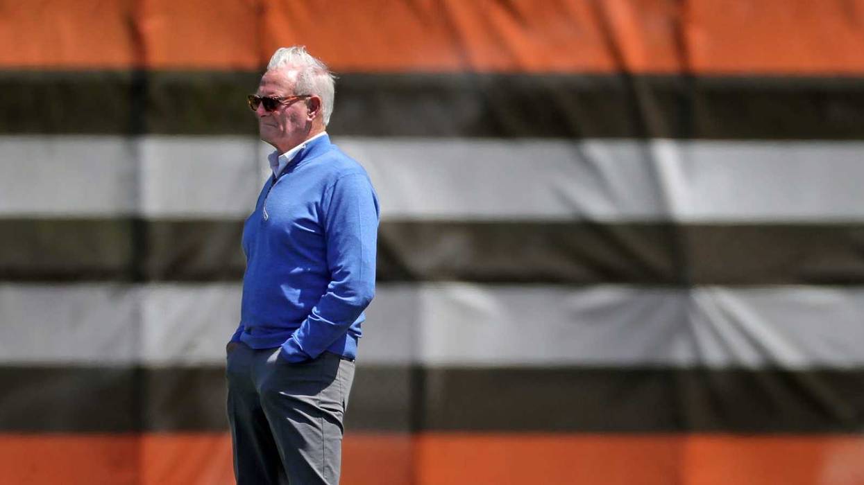 Cleveland Browns owner Jimmy Haslam watches practice during NFL rookie minicamp at the Cleveland Browns training facility on Friday, May 9, 2025, in Berea, Ohio.