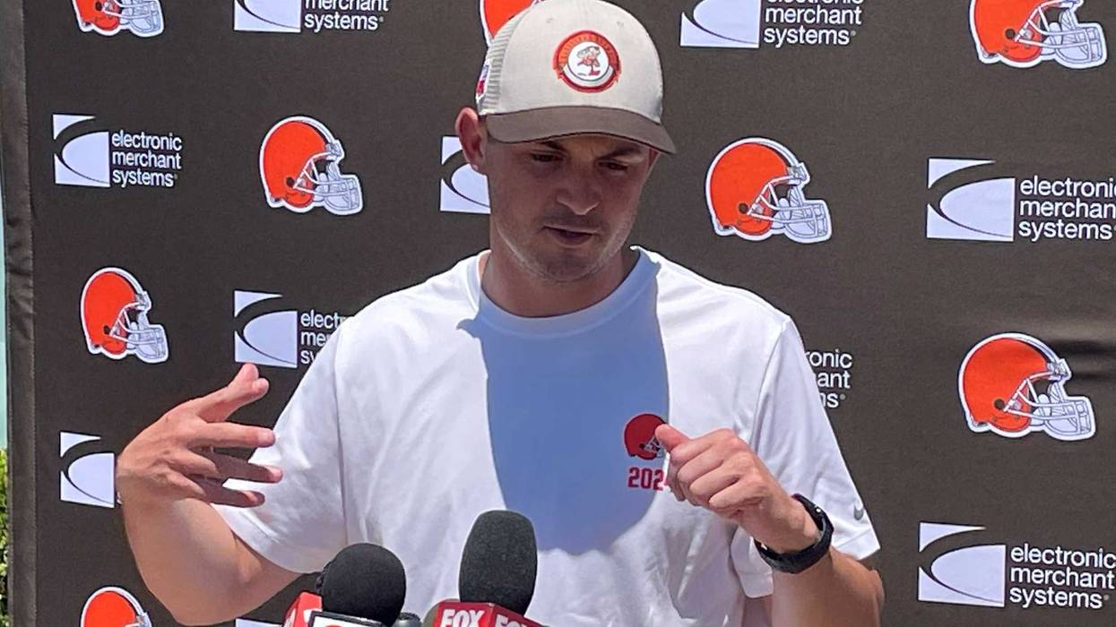 Cleveland Browns pass game specialist and tight ends coach Tommy Rees addresses media June 13 during mandatory minicamp at team headquarters in Berea, Ohio.