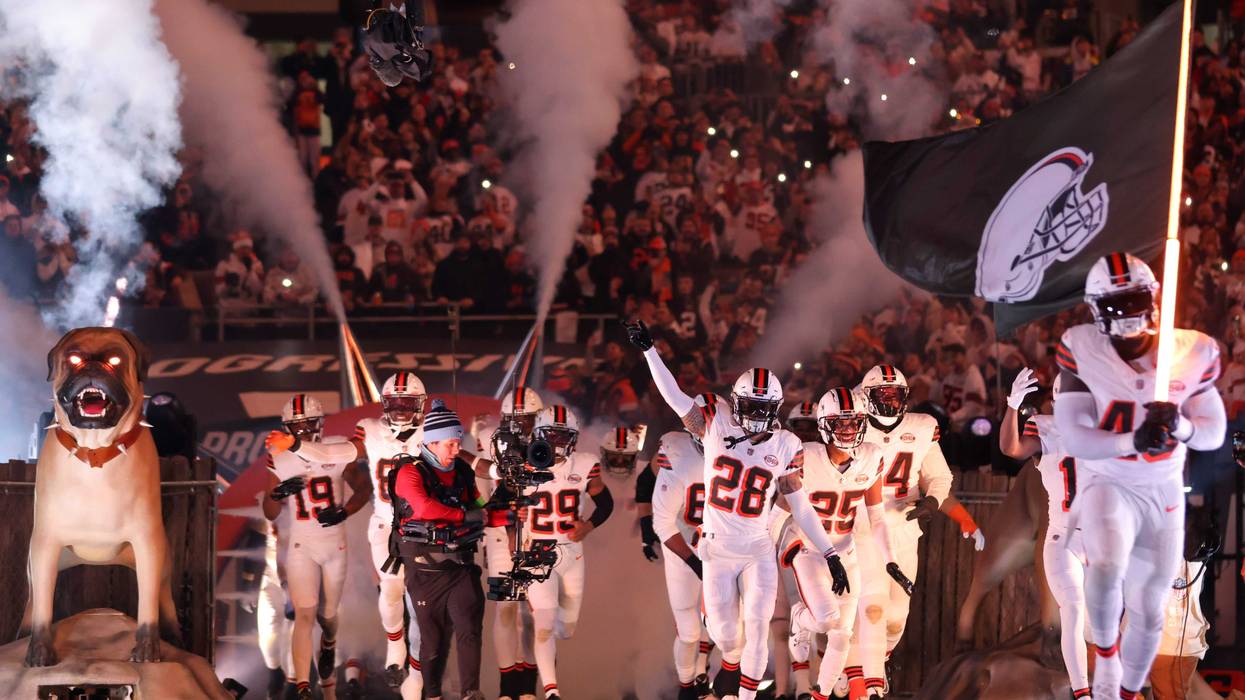 Cleveland Browns players take the field before the game against the New York Jets at Cleveland Browns Stadium.