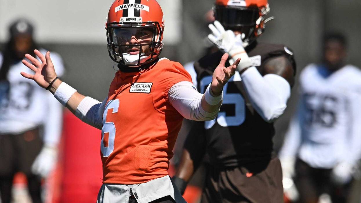 Cleveland Browns quarterback Baker Mayfield (6) looks to head coach Kevin Stefanski for help during training camp at the Cleveland Browns training facility.