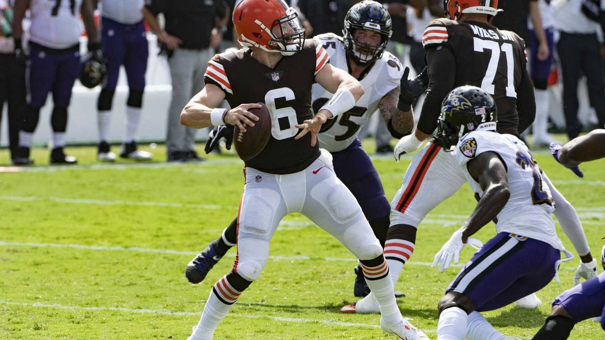 Cleveland Browns quarterback Baker Mayfield throws from the pocket during the first half against the Baltimore Ravens at M&T Bank Stadium.