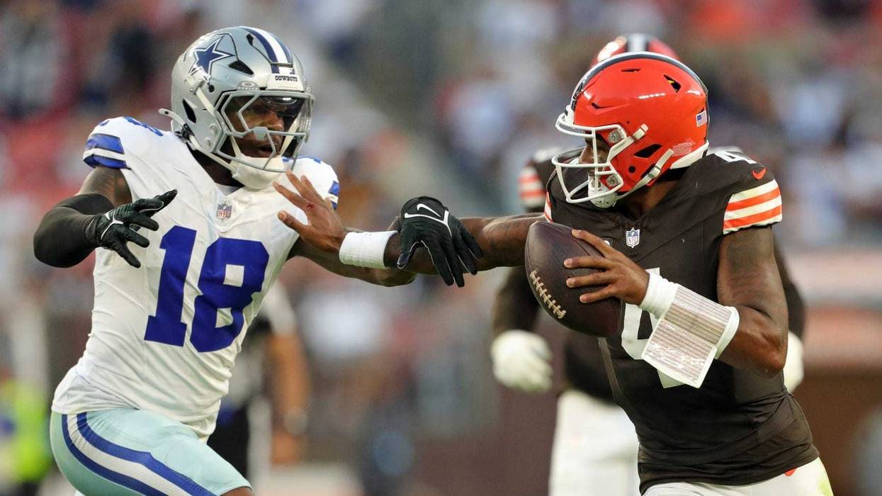 Cleveland Browns quarterback Deshaun Watson (4) runs for yards against Dallas Cowboys linebacker Damone Clark (18) during the second half of an NFL football game at Huntington Bank Field, Sunday, Sept. 8, 2024, in Cleveland, Ohio.