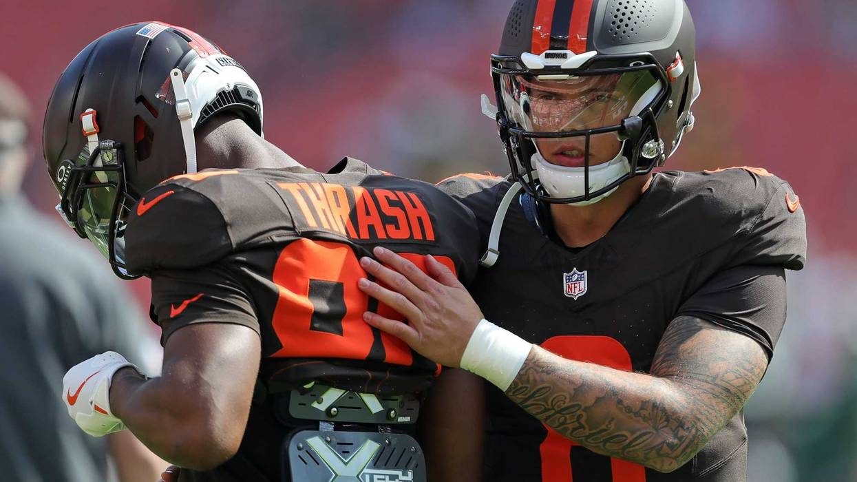 Cleveland Browns quarterback Dillon Gabriel (8) shares a moment with wide receiver Jamari Thrash (80) before an NFL football game at Huntington Bank Field, Sept. 21, 2025, in Cleveland, Ohio.