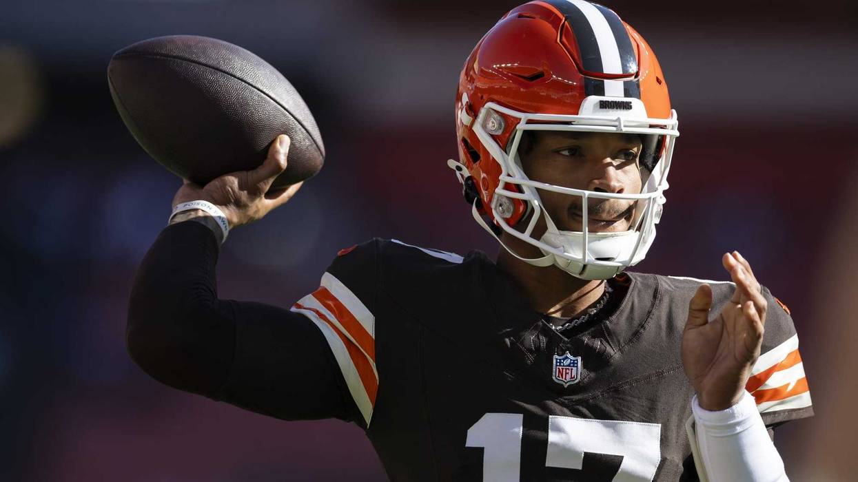 Cleveland Browns quarterback Dorian Thompson-Robinson (17) throws the ball during warm ups before the game against the Los Angeles Chargers at Huntington Bank Field.