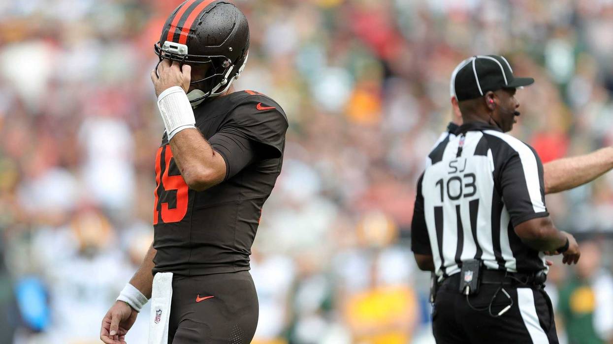 Cleveland Browns quarterback Joe Flacco (15) reacts after an offensive penalty was called in the red zone during the second half of an NFL football game against the Green Bay Packers at Huntington Bank Field, Sept. 21, 2025, in Cleveland, Ohio.