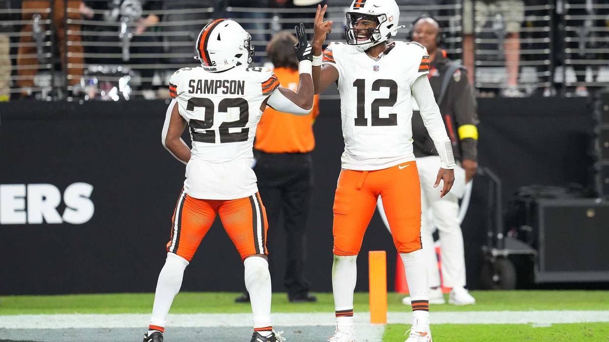 Cleveland Browns quarterback Shedeur Sanders (12) celebrates with running back Dylan Sampson (22) after the two connected for a passing touchdown against the Las Vegas Raiders during the fourth quarter at Allegiant Stadium