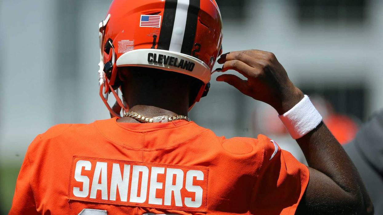 Cleveland Browns quarterback Shedeur Sanders (12) heads on to the field during day two of NFL rookie minicamp at the Cleveland Browns training facility on Saturday, May 10, 2025, in Berea, Ohio.