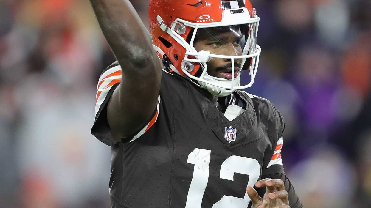 Cleveland Browns quarterback Shedeur Sanders (12) throws during the second half of an NFL football game at Huntington Bank Field, Nov. 16, 2025, in Cleveland, Ohio.