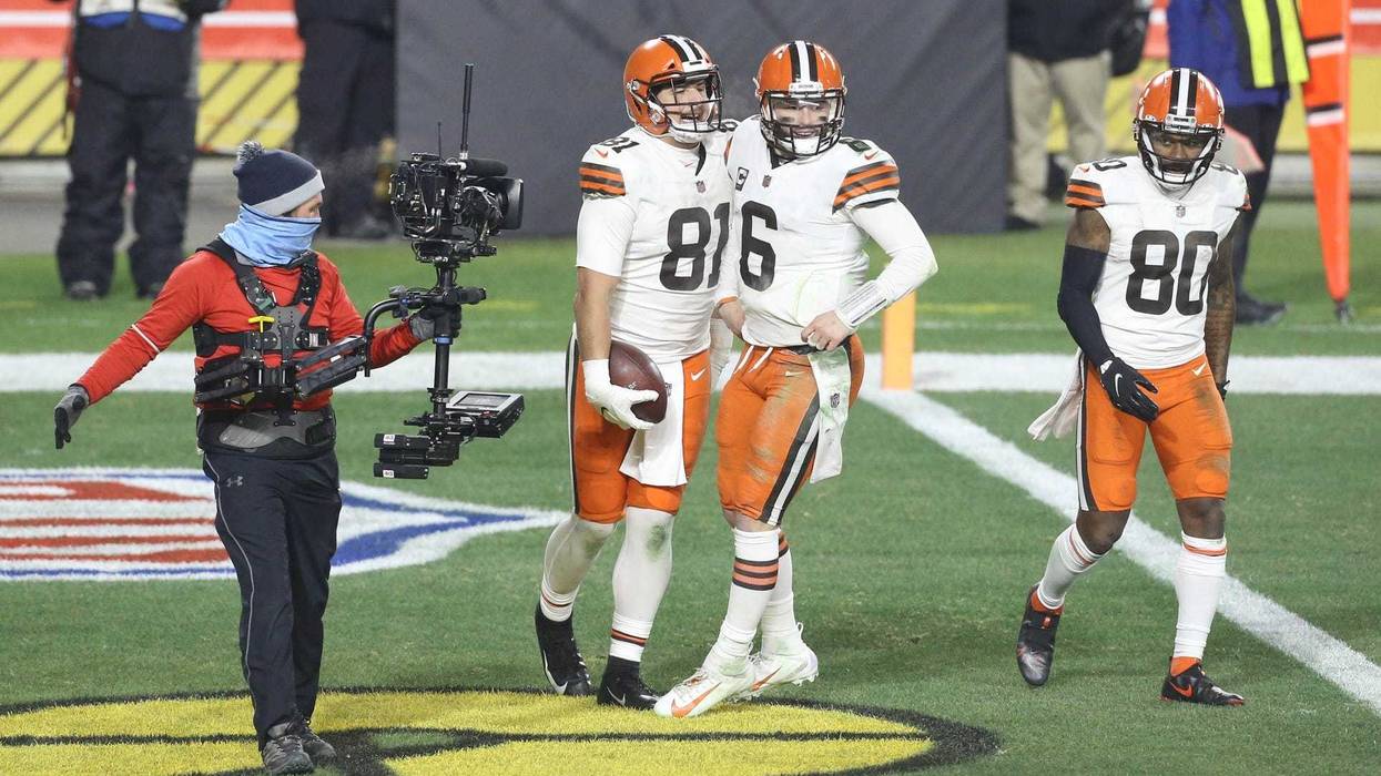 Cleveland Browns tight end Austin Hooper celebrates after catching a touchdown pass from quarterback Baker Mayfield against the Pittsburgh Steelers in the second quarter of an AFC Wild Card playoff game at Heinz Field.