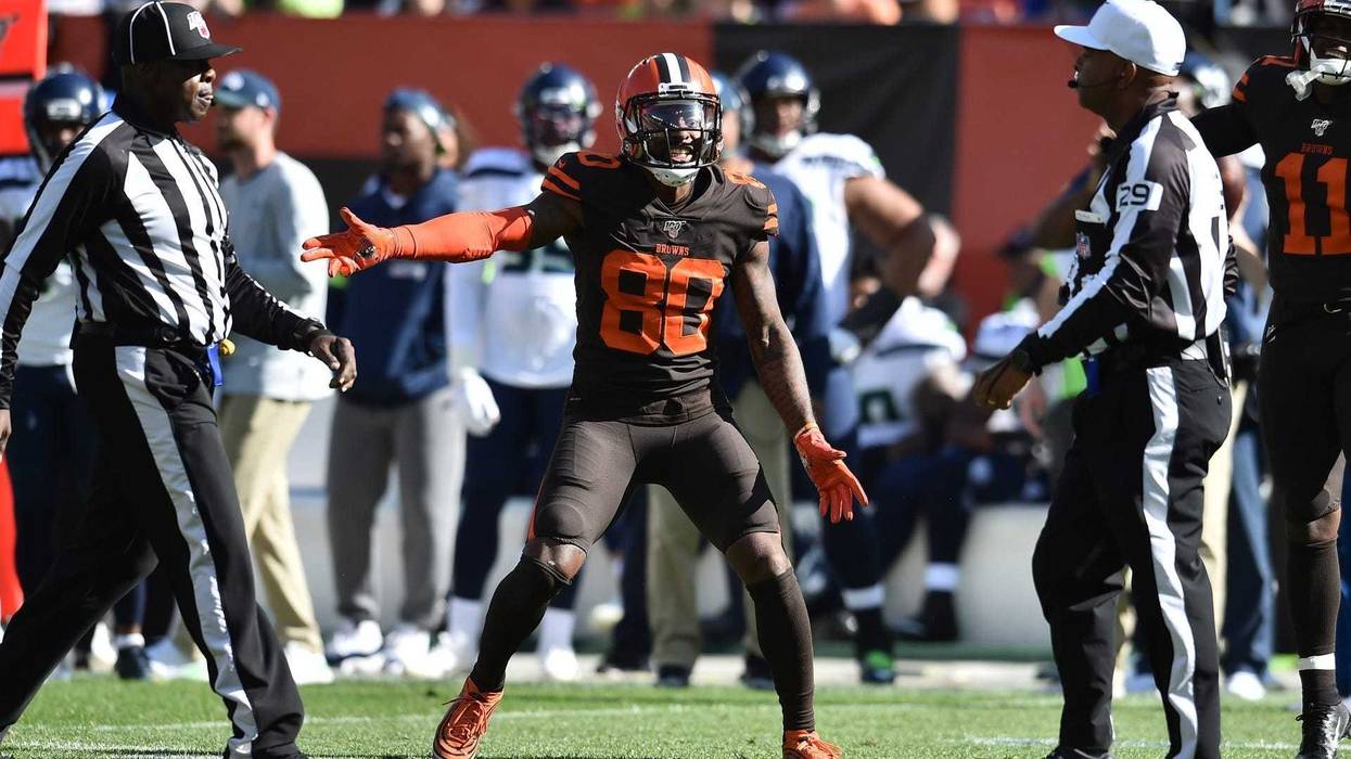 Cleveland Browns wide receiver Jarvis Landry (80) argues with field judge Adrian Hill (29) about a blocking foul during the second half against the Seattle Seahawks at FirstEnergy Stadium.