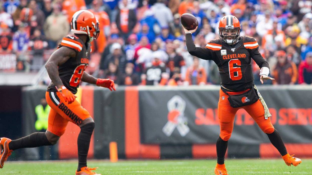 Cleveland Browns wide receiver Jarvis Landry (left) and quarterback Baker Mayfield (right)