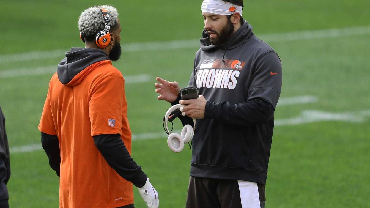Cleveland Browns wide receiver Odell Beckham Jr. and quarterback Baker Mayfield talk on the field before playing the Pittsburgh Steelers at Heinz Field.